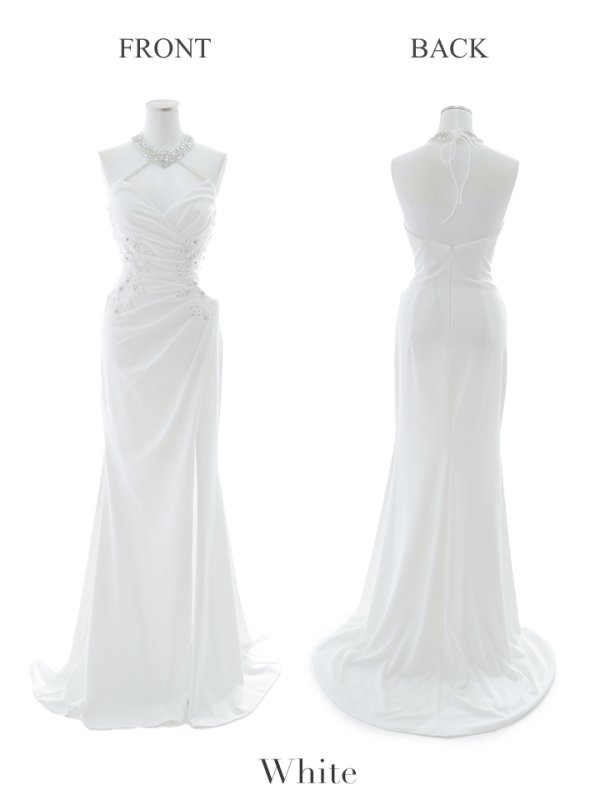 【Lip line/リップライン】ビジュー/ ホルターネック/ ストレッチ/ ノースリーブ/ ワンカラー/ スピンドル/ ロングドレス/ キャバドレス long[HC03]　ホワイト