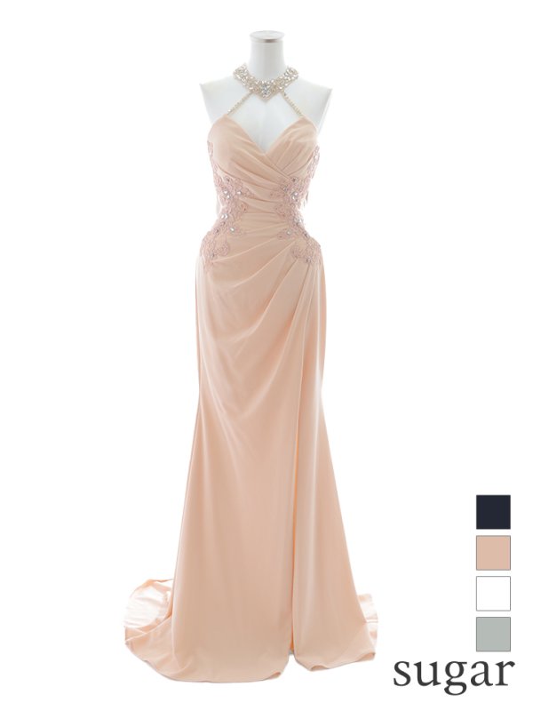 【Lip line/リップライン】ビジュー/ ホルターネック/ ストレッチ/ ノースリーブ/ ワンカラー/ スピンドル/ ロングドレス/ キャバドレス long[HC03]　ベージュ