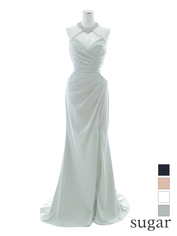 【Lip line/リップライン】ビジュー/ ホルターネック/ ストレッチ/ ノースリーブ/ ワンカラー/ スピンドル/ ロングドレス/ キャバドレス long[HC03]　モスグリーン