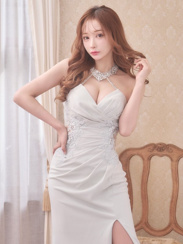 画像5: 【Lip line/リップライン】ビジュー/ ホルターネック/ ストレッチ/ ノースリーブ/ ワンカラー/ ロングドレス/ キャバドレス long[HC03]