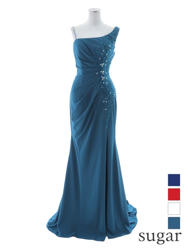 【Lip line/リップライン】フラワー刺繍/ ストレッチ/ ワンショルダー/ ワンカラー/ スピンドル/ ロングドレス/ キャバドレス long[HC03]　グリーン