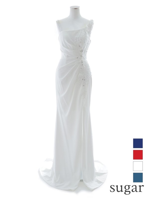 【Lip line/リップライン】フラワー刺繍/ ストレッチ/ ワンショルダー/ ワンカラー/ スピンドル/ ロングドレス/ キャバドレス long[HC03]　ホワイト
