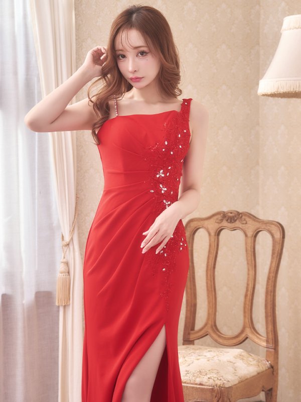 画像9: 【Lip line/リップライン】フラワー刺繍/ ストレッチ/ ワンショルダー/ ワンカラー/ スピンドル/ ロングドレス/ キャバドレス long[HC03]