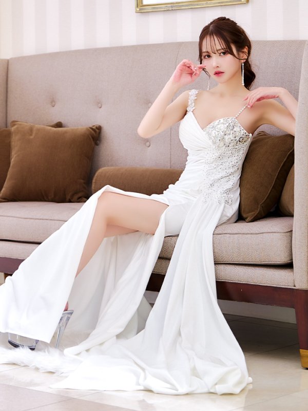 画像7: 【Lip line/リップライン】ビジュー/ フラワー刺繍/ ストレッチ/ アシメショルダー/ ノースリーブ/ タック/ Aライン/ ロングドレス/ キャバドレス long[HC03]