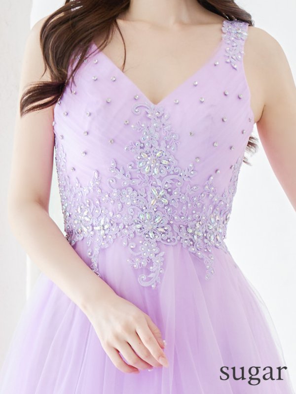 画像10: 【Lip line/リップライン】刺繍レース/ ビジュー/ Vネック/ ノースリーブ/ チュール/ Aライン/ プリンセス/ フレア/ ロングドレス/ キャバドレス long[HC03]