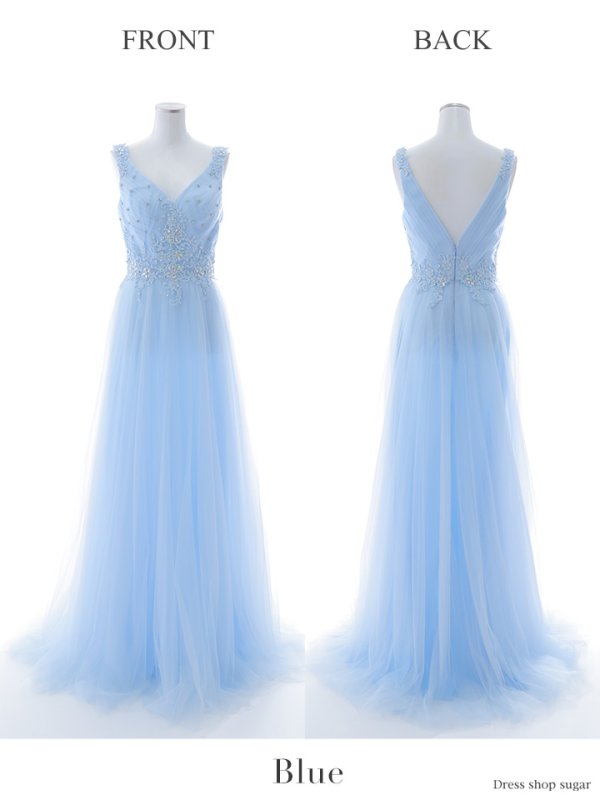 画像19: 【Lip line/リップライン】刺繍レース/ ビジュー/ Vネック/ ノースリーブ/ チュール/ Aライン/ プリンセス/ フレア/ ロングドレス/ キャバドレス long[HC03]