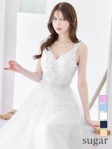 【Lip line/リップライン】刺繍レース/ ビジュー/ Vネック/ ノースリーブ/ チュール/ Aライン/ プリンセス/ フレア/ ロングドレス/ キャバドレス long[HC03]