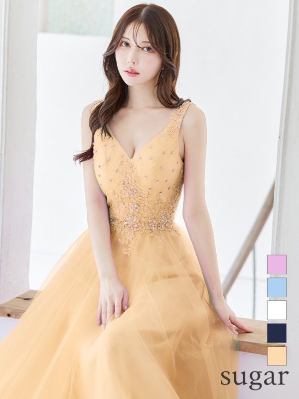 【Lip line/リップライン】刺繍レース/ ビジュー/ Vネック/ ノースリーブ/ チュール/ Aライン/ プリンセス/ フレア/ ロングドレス/ キャバドレス long[HC03]　クリームベージュ