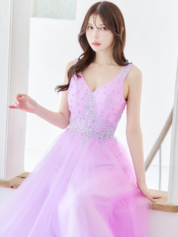 画像3: 【Lip line/リップライン】刺繍レース/ ビジュー/ Vネック/ ノースリーブ/ チュール/ Aライン/ プリンセス/ フレア/ ロングドレス/ キャバドレス long[HC03]