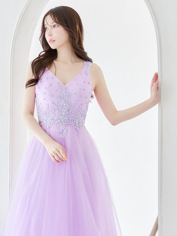 画像4: 【Lip line/リップライン】刺繍レース/ ビジュー/ Vネック/ ノースリーブ/ チュール/ Aライン/ プリンセス/ フレア/ ロングドレス/ キャバドレス long[HC03]