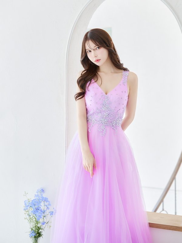 画像5: 【Lip line/リップライン】刺繍レース/ ビジュー/ Vネック/ ノースリーブ/ チュール/ Aライン/ プリンセス/ フレア/ ロングドレス/ キャバドレス long[HC03]