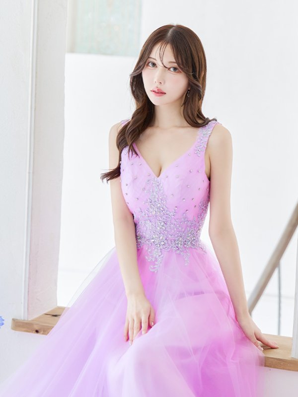 画像6: 【Lip line/リップライン】刺繍レース/ ビジュー/ Vネック/ ノースリーブ/ チュール/ Aライン/ プリンセス/ フレア/ ロングドレス/ キャバドレス long[HC03]