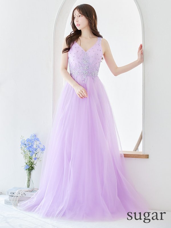 画像7: 【Lip line/リップライン】刺繍レース/ ビジュー/ Vネック/ ノースリーブ/ チュール/ Aライン/ プリンセス/ フレア/ ロングドレス/ キャバドレス long[HC03]