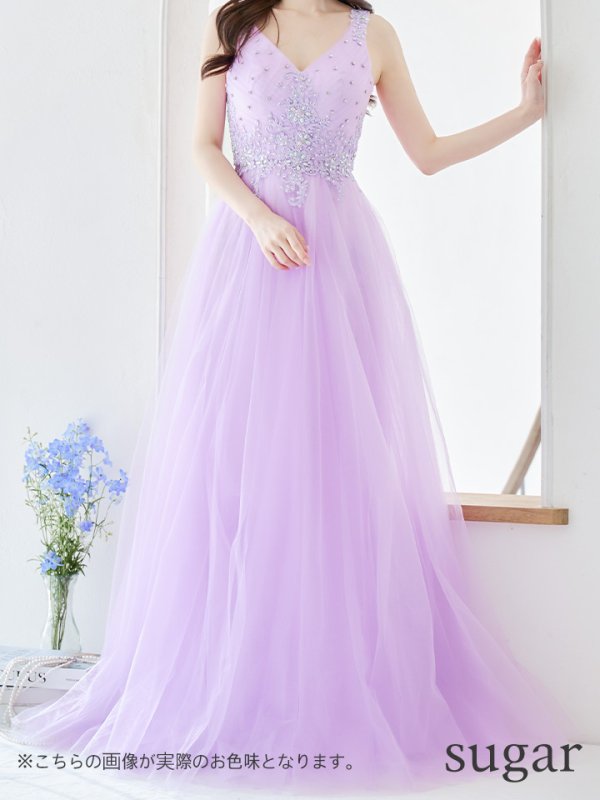 画像8: 【Lip line/リップライン】刺繍レース/ ビジュー/ Vネック/ ノースリーブ/ チュール/ Aライン/ プリンセス/ フレア/ ロングドレス/ キャバドレス long[HC03]