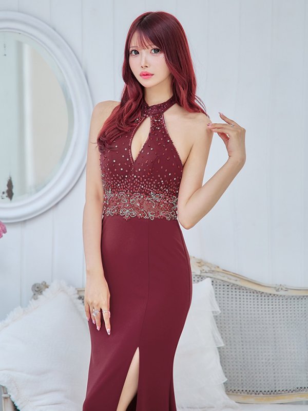 画像6: 【Lip line/リップライン】スパンコール刺繍/ ビジュー/ ホルターネック/ ストレッチ/ スリット/ タイト/ ロングドレス/ キャバドレス long[HC03]