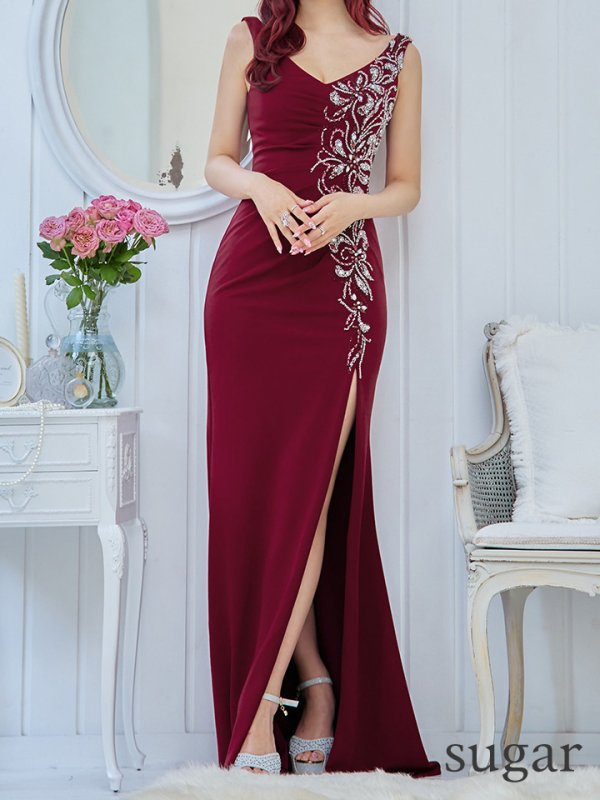 画像9: 【Lip line/リップライン】シンプル/ ワンカラー/ ビーズ刺繍/ ノースリーブ/ ストレッチ/ スリット/ タイト/ ロングドレス/ キャバドレス long[HC03]