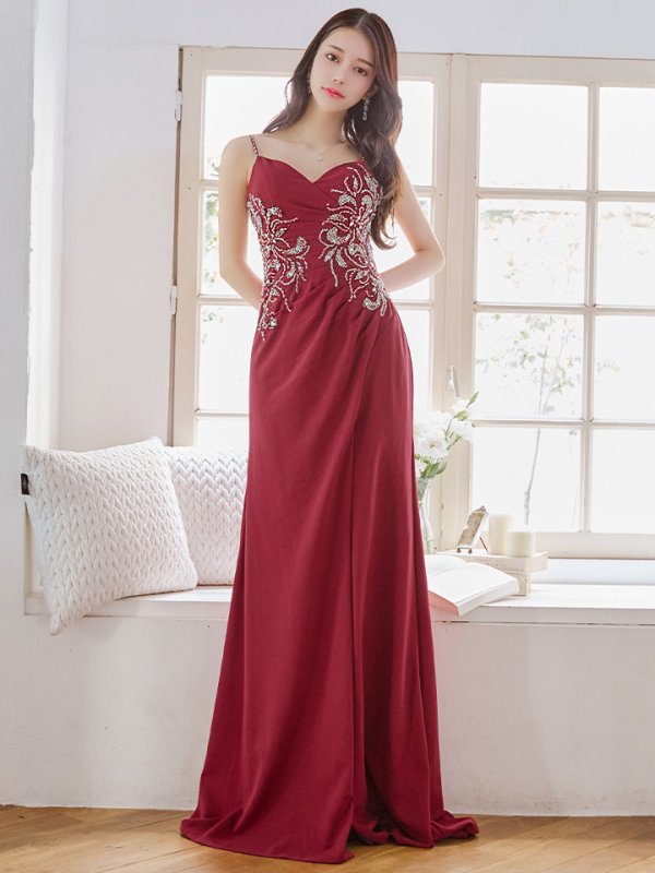 画像6: 【Lip line/リップライン】ビーズ刺繍/ キャミソール/ タックデザイン/ ストレッチ/ スリット/ Aライン/ ロングドレス/ キャバドレス long[HC03]