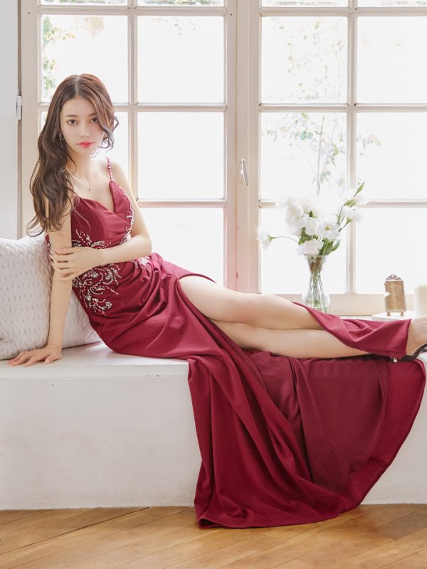 画像8: 【Lip line/リップライン】ビーズ刺繍/ キャミソール/ タックデザイン/ ストレッチ/ スリット/ Aライン/ ロングドレス/ キャバドレス long[HC03]