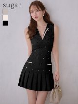 【JOLIESSE/ジョリエス】Vネック/ 銀糸/ チェック/ パール/ビジュー/ プリーツ/ フレア/ ミニドレス/ キャバドレス[HC03]