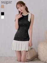 【JOLIESSE/ジョリエス】ショルダーリボン/ ネックパール/ ビジュー/ サテン/ ノースリーブ/ フレア/ ミニドレス/ キャバドレス[HC03]