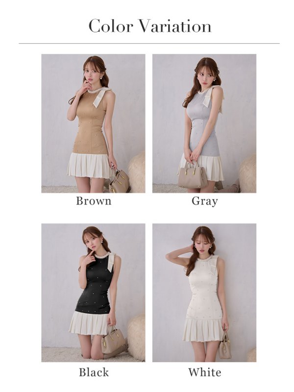 画像14: 【JOLIESSE/ジョリエス】ショルダーリボン/ ネックパール/ ビジュー/ サテン/ ノースリーブ/ フレア/ ミニドレス/ キャバドレス[HC03]