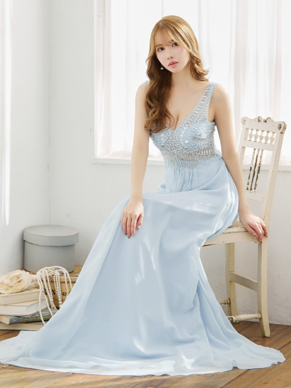 画像5: 【Lip line/リップライン】ワンカラー/ ノースリーブ/ Aライン/ ビジュー刺繍/ フレア/ ロングドレス/ キャバドレス long[HC03]