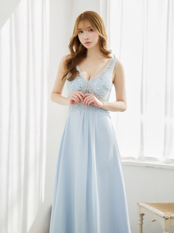 画像6: 【Lip line/リップライン】ワンカラー/ ノースリーブ/ Aライン/ ビジュー刺繍/ フレア/ ロングドレス/ キャバドレス long[HC03]