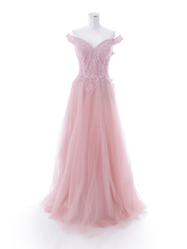 【Lip line/リップライン】オフショル/ ハートカット/ ラメ/ 刺繍レース/ チュール/ プリンセス/ フレア/ Aライン/ ロングドレス/ キャバドレス long ダスティーピンク