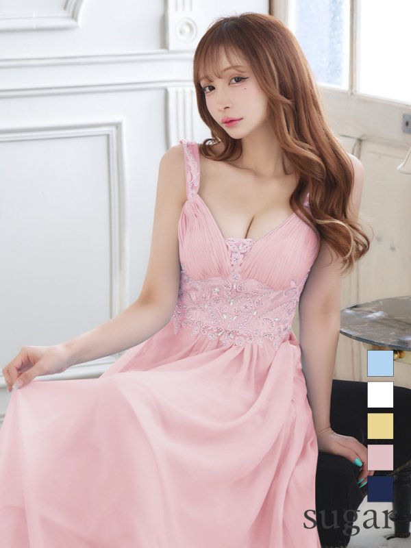 【Lip line/リップライン】ビジュー刺繍/ ストレッチ/ ノースリーブ/ ワンカラー/ スピンドル/ ロングドレス/ キャバドレス long[HC03]　ピンク