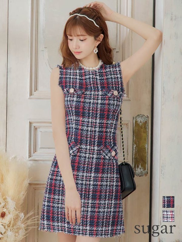 【ANDY/アンディ】ミックスツイード/ フリンジ/ チェック柄/ クルーネック/ Aライン/ ワンピース/ ミニドレス/ キャバドレス[OF05]　ネイビー