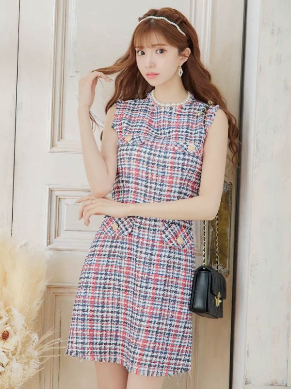 画像6: 【ANDY/アンディ】ミックスツイード/ フリンジ/ チェック柄/ クルーネック/ Aライン/ ワンピース/ ミニドレス/ キャバドレス[OF05]