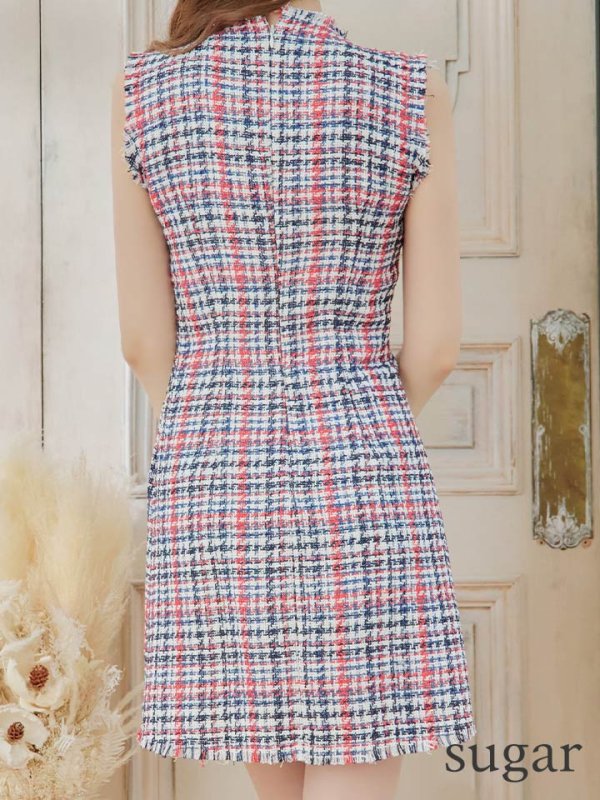 画像9: 【ANDY/アンディ】ミックスツイード/ フリンジ/ チェック柄/ クルーネック/ Aライン/ ワンピース/ ミニドレス/ キャバドレス[OF05]