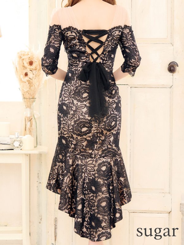 画像9: 【ANDY/アンディ】フラワーレース/ シアー/ 袖あり/ フリル/ フィッシュテール/ ミディアムドレス/ キャバドレス[OF05]