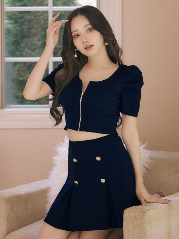 画像19: XSサイズあり【ANDY/アンディ】フロントジップ/ 半袖/ 袖あり/ ストレッチ/ ボックスプリーツ/ フレア/ セットアップ/ ミニドレス/ キャバドレス[OF05]