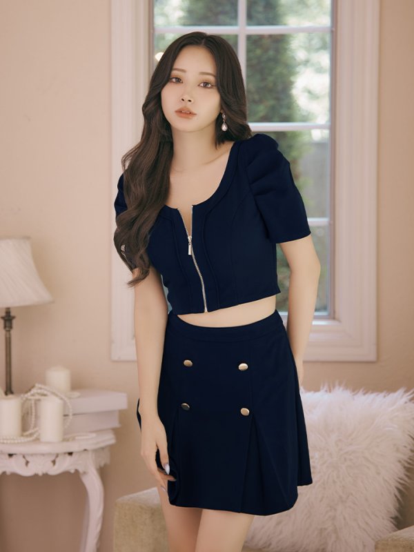 画像21: XSサイズあり【ANDY/アンディ】フロントジップ/ 半袖/ 袖あり/ ストレッチ/ ボックスプリーツ/ フレア/ セットアップ/ ミニドレス/ キャバドレス[OF05]