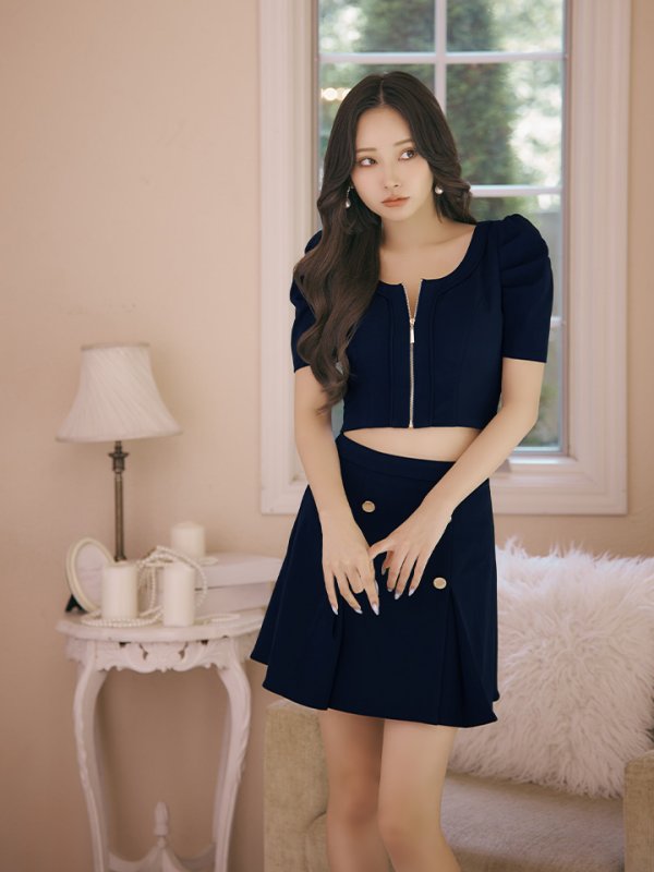 画像22: XSサイズあり【ANDY/アンディ】フロントジップ/ 半袖/ 袖あり/ ストレッチ/ ボックスプリーツ/ フレア/ セットアップ/ ミニドレス/ キャバドレス[OF05]