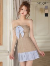 XSサイズあり【ANIER./アニエル】【ROBE de FLEURS/ローブドフルール】springstripe ribbon bare mini dress/ リボン/ バイカラー/ ベア/ フレア/ ミニドレス/ キャバドレス[OF08]