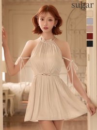即日発送【ANIER./アニエル】【ROBE de FLEURS/ローブドフルール】Gloss Lady Dress/ ホルターネック/ リボン/ ワンカラー/ プリーツ/ フレア/ ミニドレス/ キャバドレス[OF05]