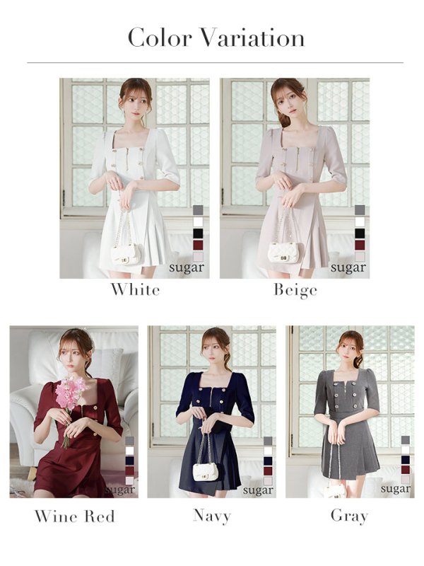 画像49: XSサイズあり【ANDY/アンディ】ハーフスリーブ/ 袖あり/ スクエアネック/ バストジッパー/ ボタン/ バックリボン/ プリーツ/ フレア/ ミニドレス/ キャバドレス[OF05]