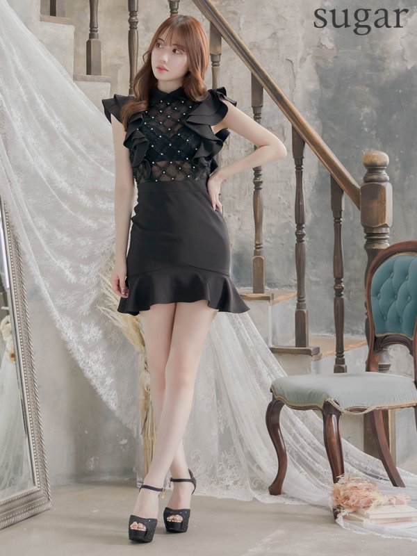 画像7: 【an/アン】マーメイド/ 襟付き/ フリルデザイン/ シアー/ クロスレース/ タイト/ ミニドレス/ キャバドレス[OF05]