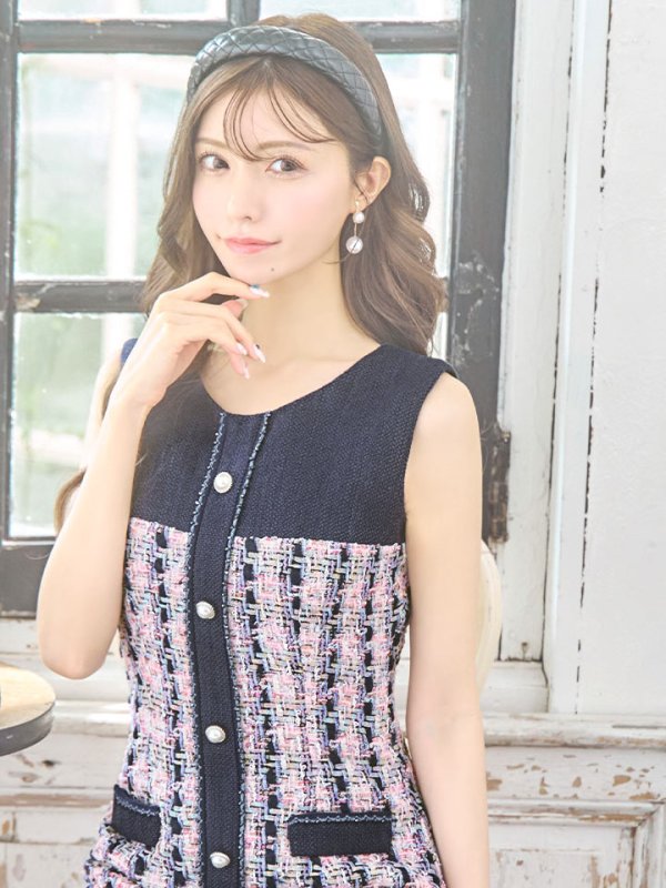 画像3: XSサイズあり【an/アン】チェック/ ツイード/ 切替デザイン/ パールボタン/ ノースリーブ/ フレア/ Aライン/ ワンピース/ ミニドレス/ キャバドレス[OF05]