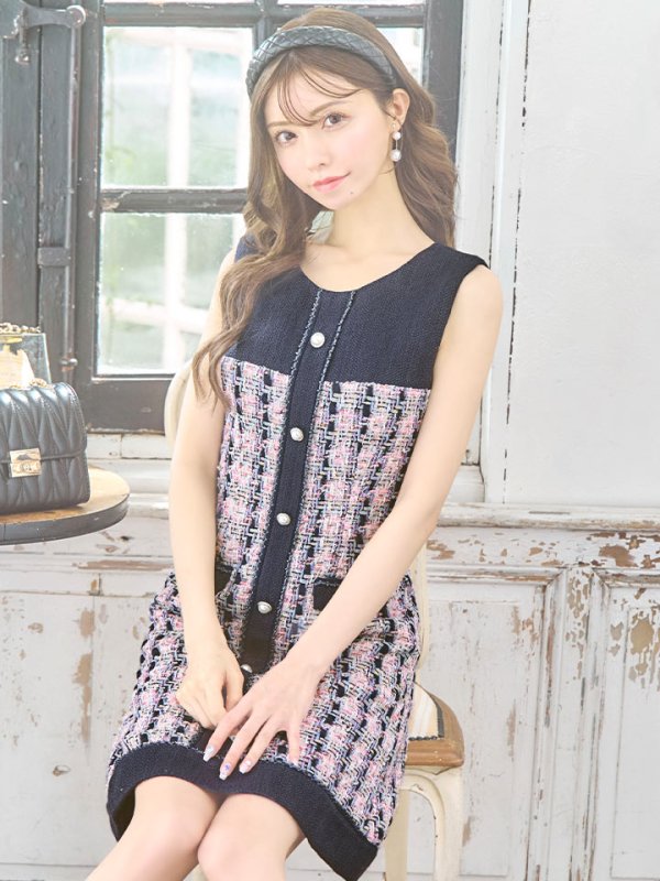 画像5: XSサイズあり【an/アン】チェック/ ツイード/ 切替デザイン/ パールボタン/ ノースリーブ/ フレア/ Aライン/ ワンピース/ ミニドレス/ キャバドレス[OF05]