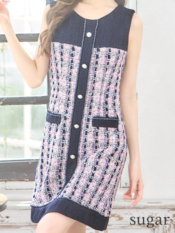 画像8: XSサイズあり【an/アン】チェック/ ツイード/ 切替デザイン/ パールボタン/ ノースリーブ/ フレア/ Aライン/ ワンピース/ ミニドレス/ キャバドレス[OF05]