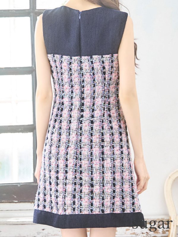 画像9: XSサイズあり【an/アン】チェック/ ツイード/ 切替デザイン/ パールボタン/ ノースリーブ/ フレア/ Aライン/ ワンピース/ ミニドレス/ キャバドレス[OF05]