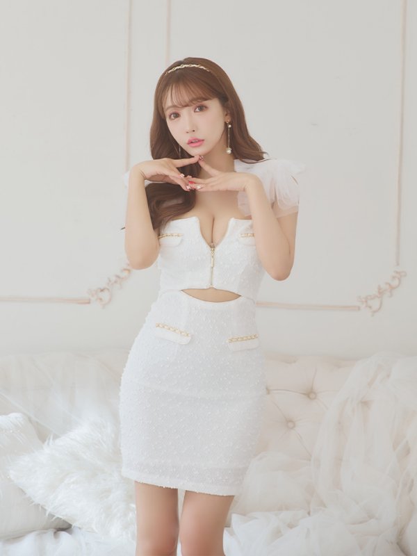 画像5: XSサイズあり【an /アン】 スパンコール/ ツイード/ ショルダーリボン/ チェーン/ フロントジップ/ カットアウト/タイト/ ミニドレス/ キャバドレス[OF05]