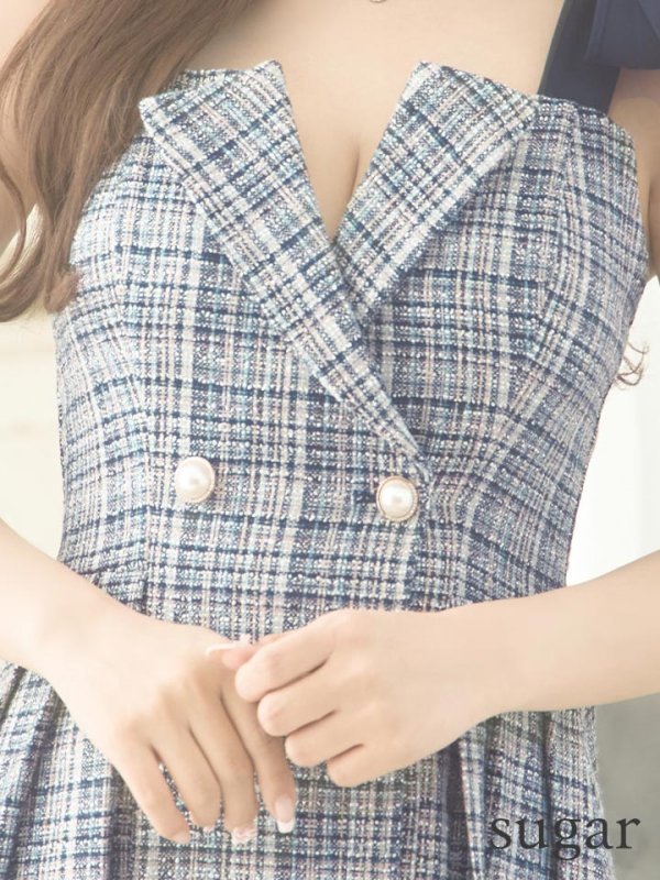 画像13: XSサイズあり【an /アン】ツイード/ パールボタン/ ショルダーリボン/ ノースリーブ/ フレア/ 裾プリーツ/ ミニドレス/ キャバドレス[OF05]