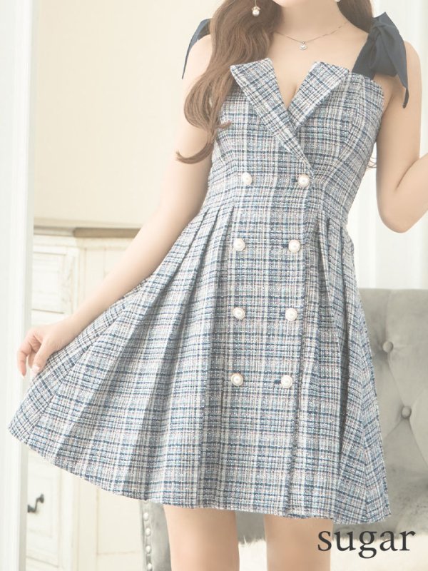 画像11: XSサイズあり【an /アン】ツイード/ パールボタン/ ショルダーリボン/ ノースリーブ/ フレア/ 裾プリーツ/ ミニドレス/ キャバドレス[OF05]