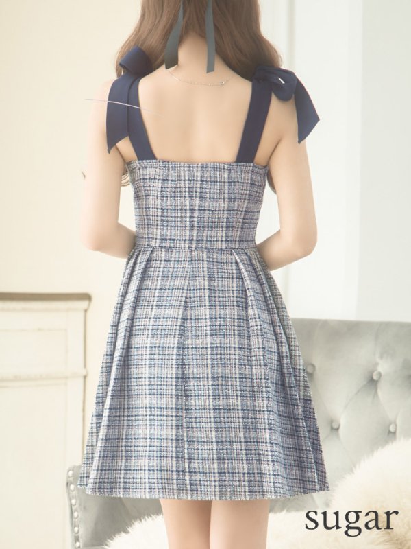 画像12: XSサイズあり【an /アン】ツイード/ パールボタン/ ショルダーリボン/ ノースリーブ/ フレア/ 裾プリーツ/ ミニドレス/ キャバドレス[OF05]