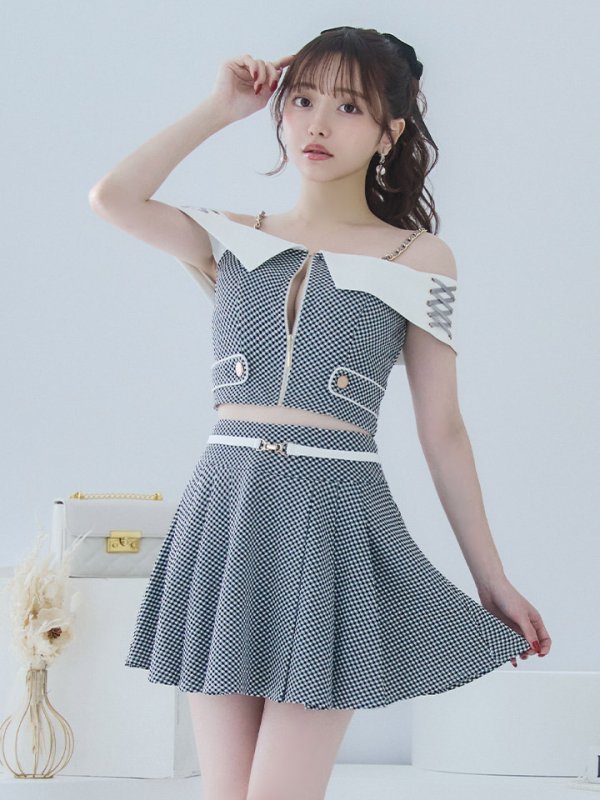 画像16: XSサイズあり【an /アン】チェーンショルダー/ オフショル/ スピンドル/ ベルト/ プリーツ/ Aライン/ セットアップ/ ミニドレス/ キャバドレス[OF05]