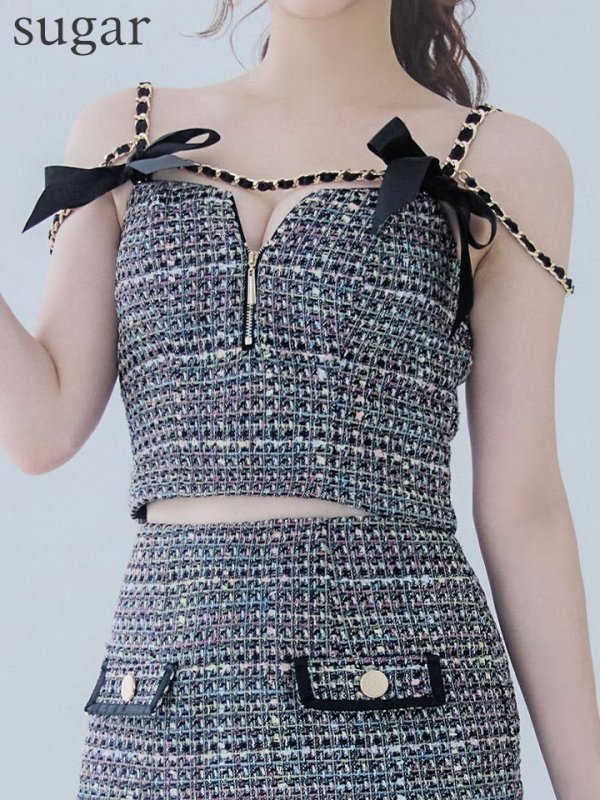 画像10: XSサイズあり【an /アン】リボン付き/ チェーンショルダー/ フロントジップ/ プリーツ/ Aライン/ セットアップ/ ミニドレス/ キャバドレス[OF05]